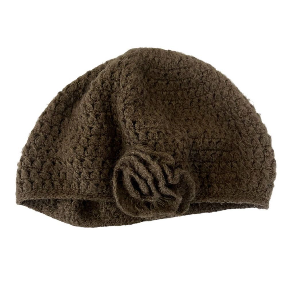 Wooden Ships Womens Slouchy Mohair Wool Flower Floral Knit Hat Brown